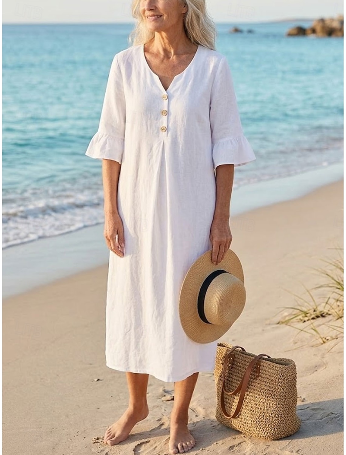 Women's Midi Dress Sundress Casual Dress Vacation Casual Boho Beach Party Date Regular Fit Plain Short Sleeve V Neck Blue White Beige Summer Spring