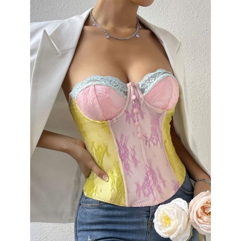 Colorblock Lace Underwire Mock Button Strapless Corset Top PC8745