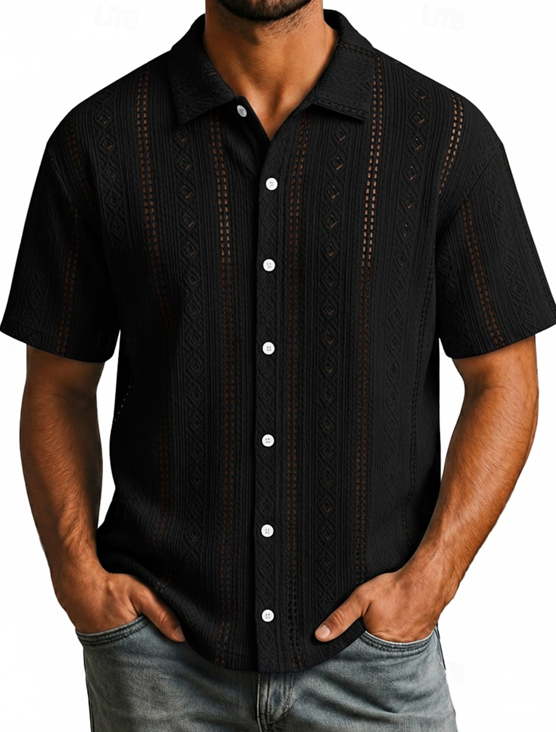 Men Shirt Texture Casual Shirt Button Up Shirt Jacquard Shirt Black White Light Green Purple Light Blue Short Sleeve Plain Shirt Collar Casual Daily Hollow Out Clothing Apparel Elegant Fashion Casual