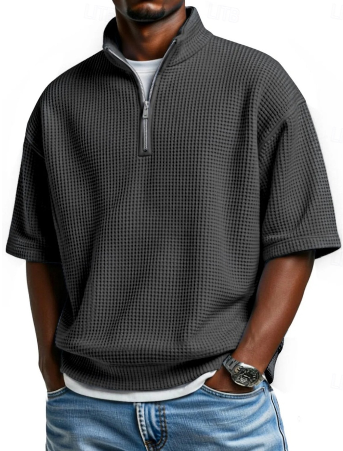 Men's Waffle Polo Shirts Polo Shirts Casual Daily Quarter Zip Short Sleeve Fashion Basic Plain Zipper Lightweight Summer Spring Regular Fit Wine Black White Navy Blue Sky Blue Purple Waffle Polo