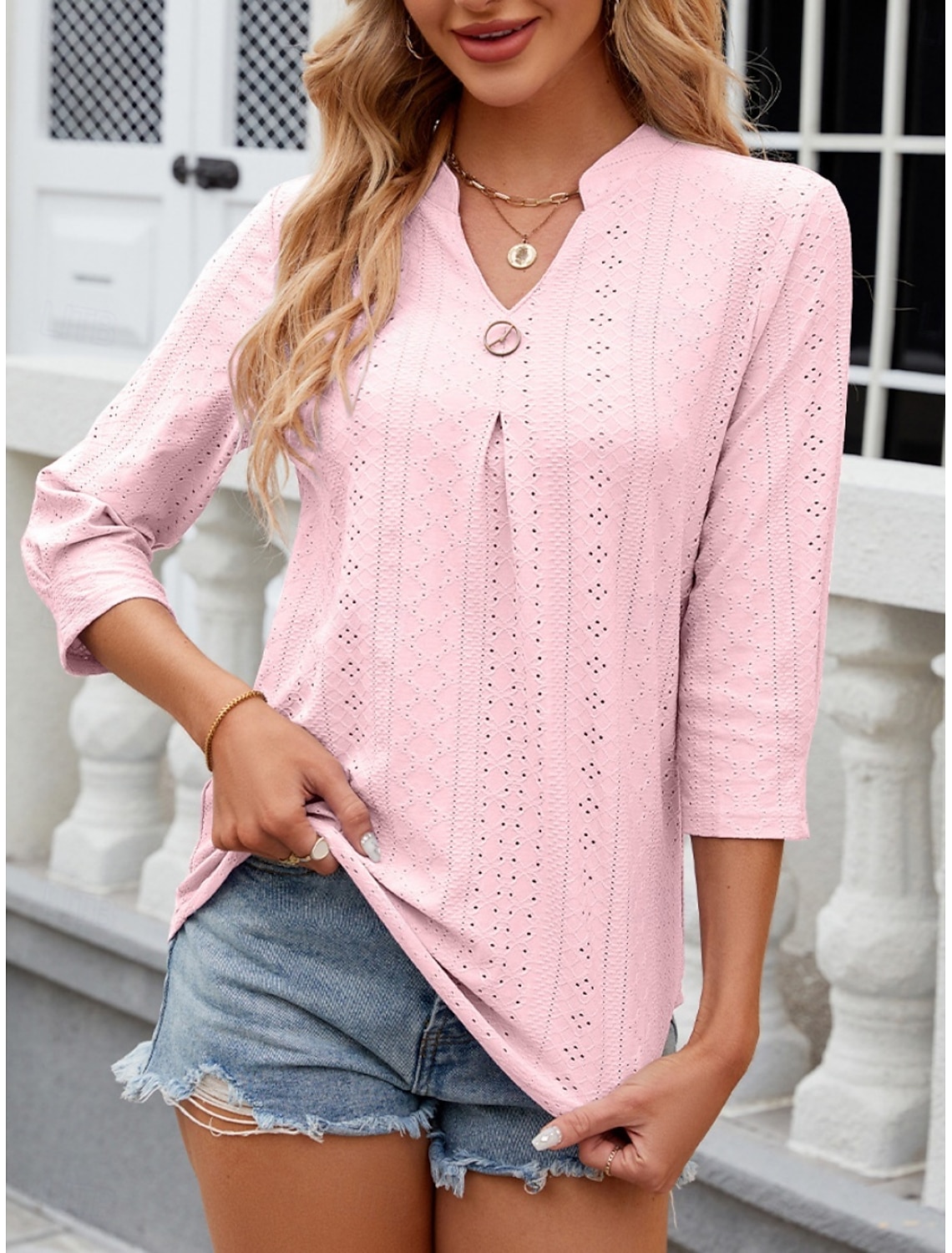 Women's Shirt Blouse Stylish Casual Floral Regular Tops Long Sleeve Notched Neck Eyelet Regular Fit Daily Summer Spring