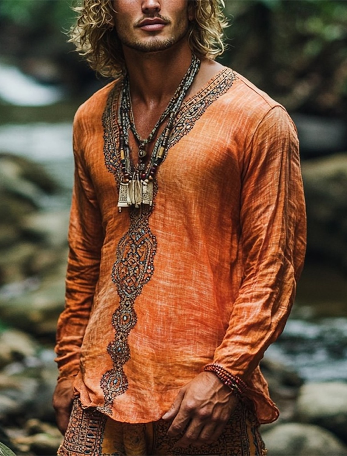 Men's Linen Shirt Summer Shirt Vintage Shirt Ethnic Shirt Long Sleeve Shirt Boho Vacation Street Orange Long Sleeve V Neck Summer Spring Clothing Apparel Ethnic