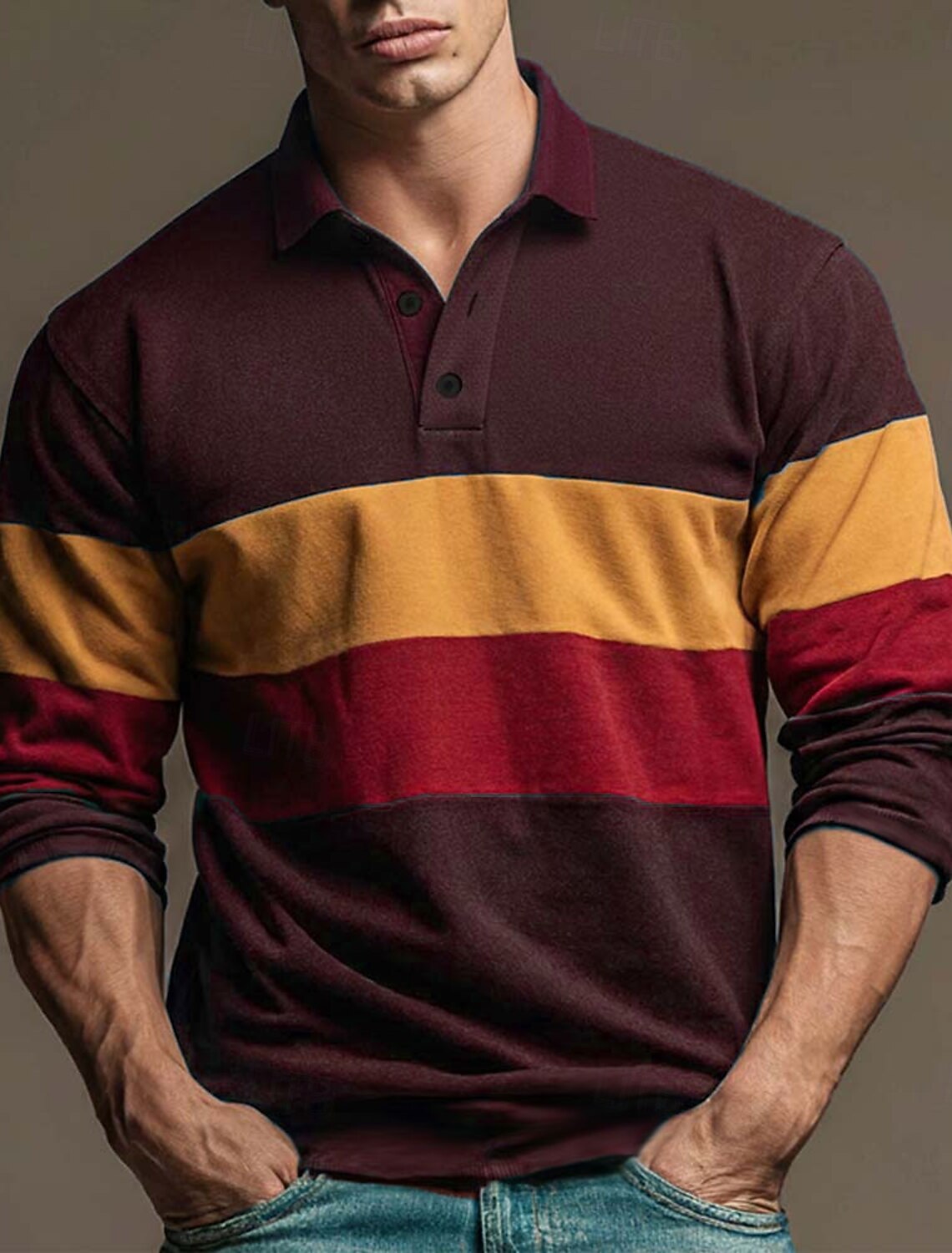 Men's Color Block Stripes Rugby Polo Long Sleeve Shirts Collared