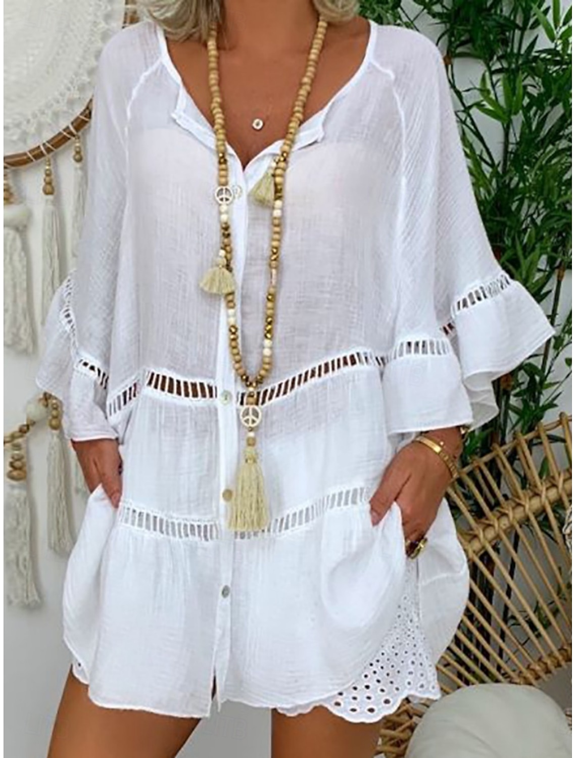 Women's Blouse Lace Solid Color Stylish Basic Casual Long Sleeve V Neck Regular Tops Casual Daily Beach White Yellow Red Brown Summer Spring Fall