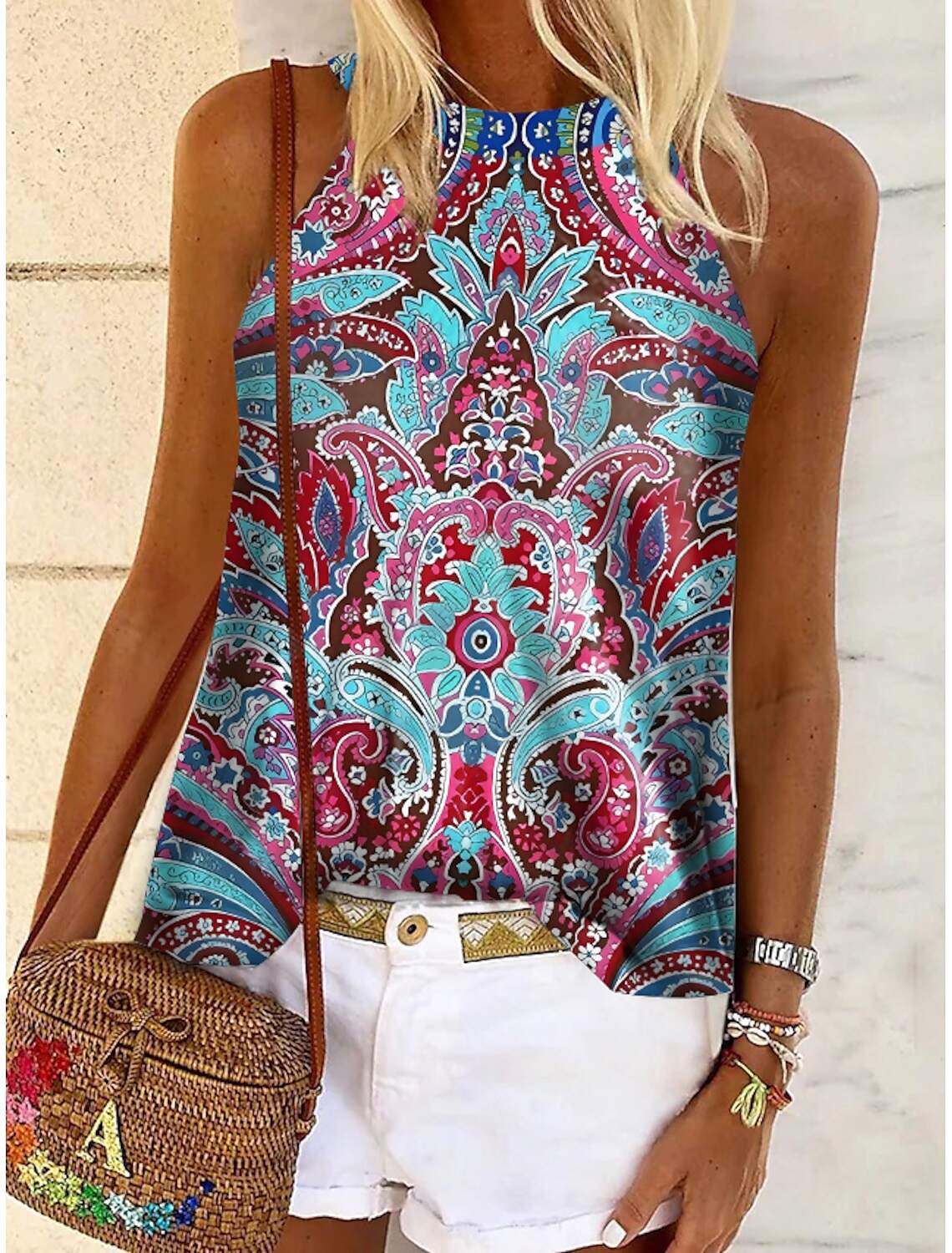 Women's Tank Top Halter Summer Tops Basic Paisley Vintage Ethnic Regular Tops Sleeveless Halter Neck Print Regular Fit Casual Holiday