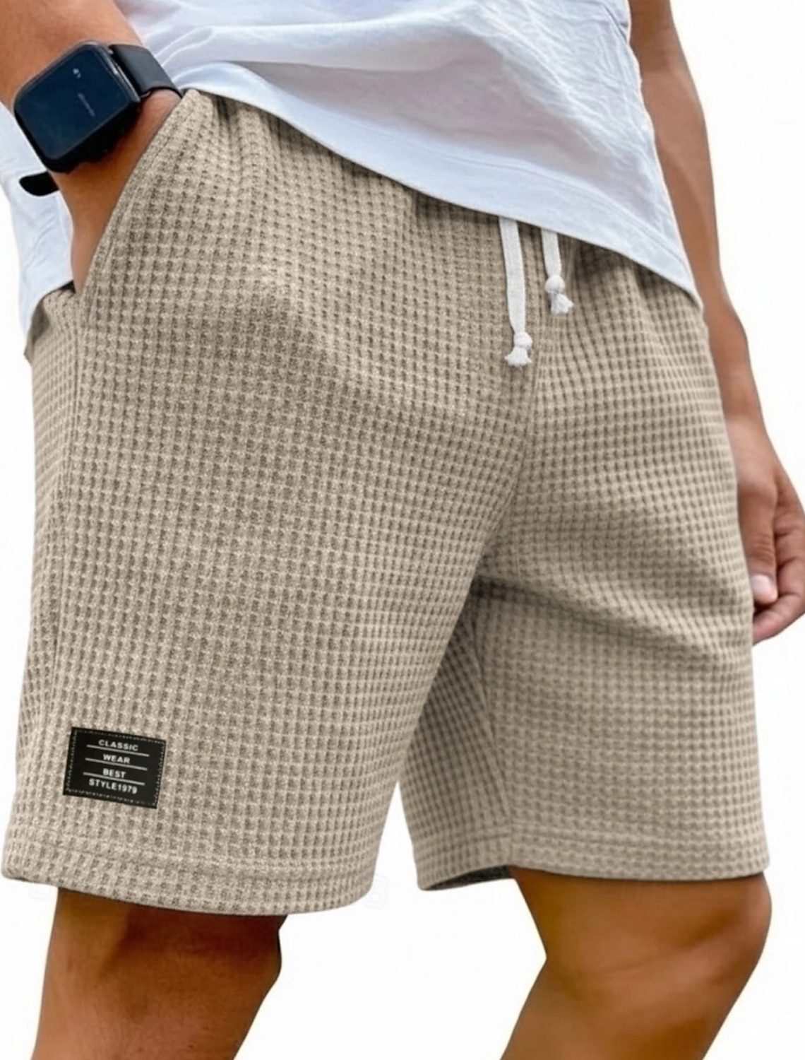 Men's Waffle Shorts Shorts Summer Shorts Beach Shorts Casual Shorts Pocket Elastic Waist Plain Comfort Breathable Knee Length Casual Outdoor Beach Vacation Fashion Black White Micro-elastic