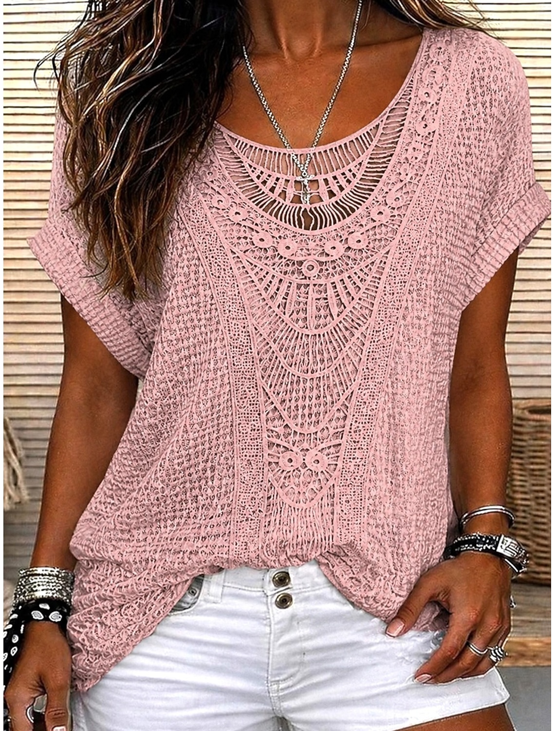 Women's Blouse Lace Solid Color Stylish Casual Short Sleeve V Neck Regular Tops Daily Blue Black White Orange Grey Summer Spring Fall