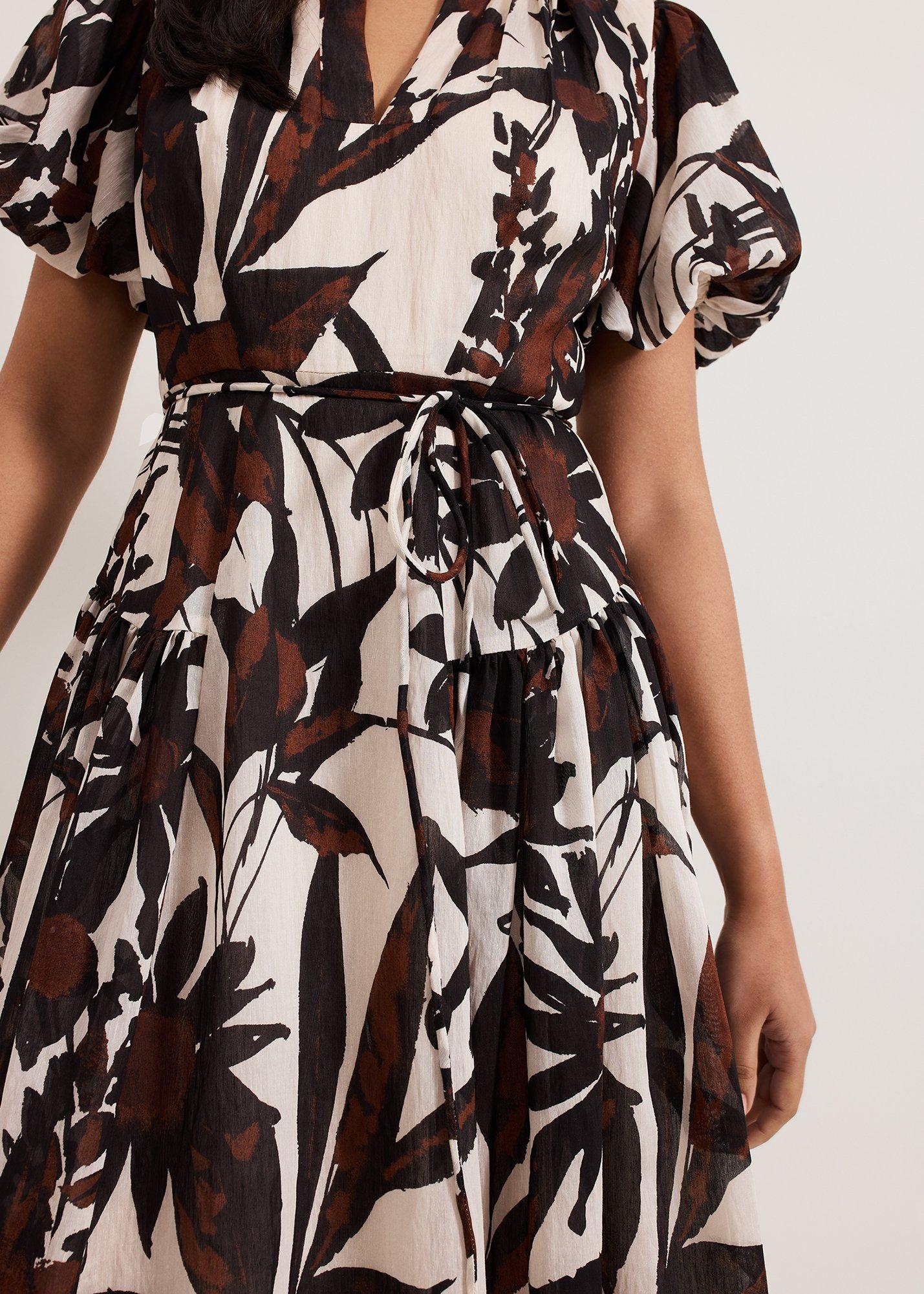 Petite Zarah Printed Puff Sleeve V Neck Midi Dress