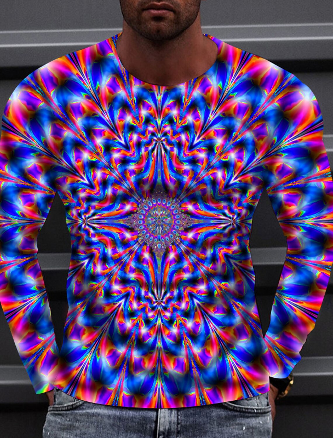 Men's Optical Illusion T Shirt Long Sleeve T shirt 3D Print Crew Neck Shirt Sports Fashion Sportswear Outdoor Vacation Street Red Blue Green Fall Clothing Apparel S M L XL XXL XXXL 4XL