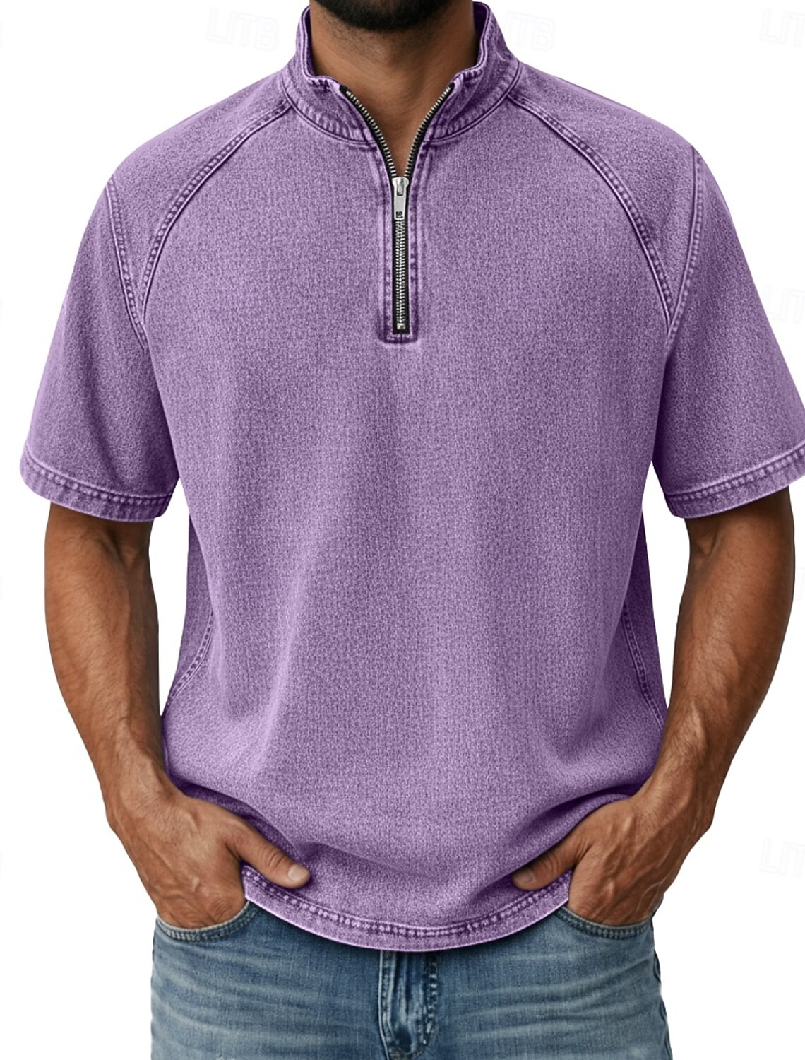 Men's Denim Shirt 100% Cotton Acid Wash Tee Top Short Sleeve Stand