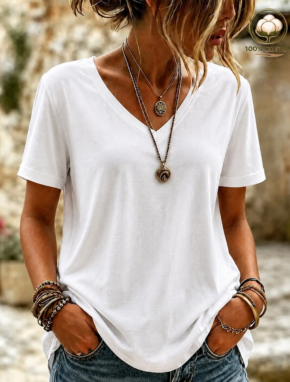 Women's 100% Cotton T-Shirts - Quality Heavy Long Sleeve Crew Neck Tee
