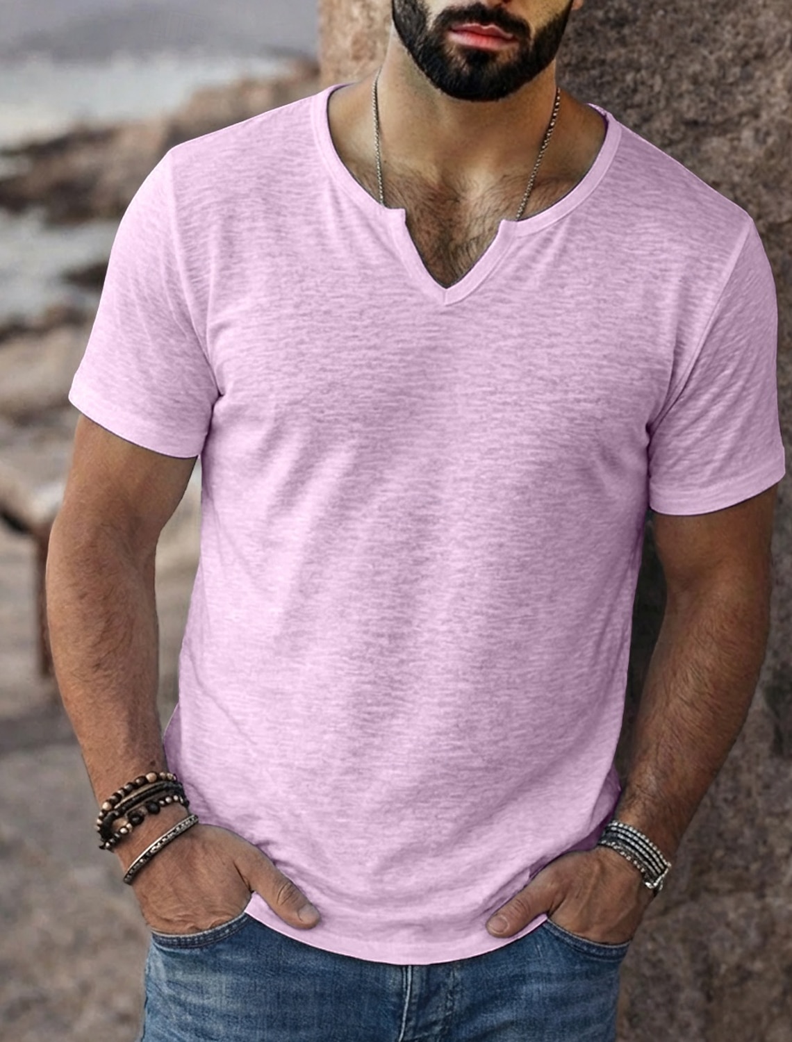 Men's T Shirt Short Sleeve Shirt Tee Top Linen T-Shirt Short Sleeve V Neck Summer Spring Solid Color Plain Pit Strip Streetwear Stylish Casual Plain Casual Daily Outdoor Black White Purple Top Tee