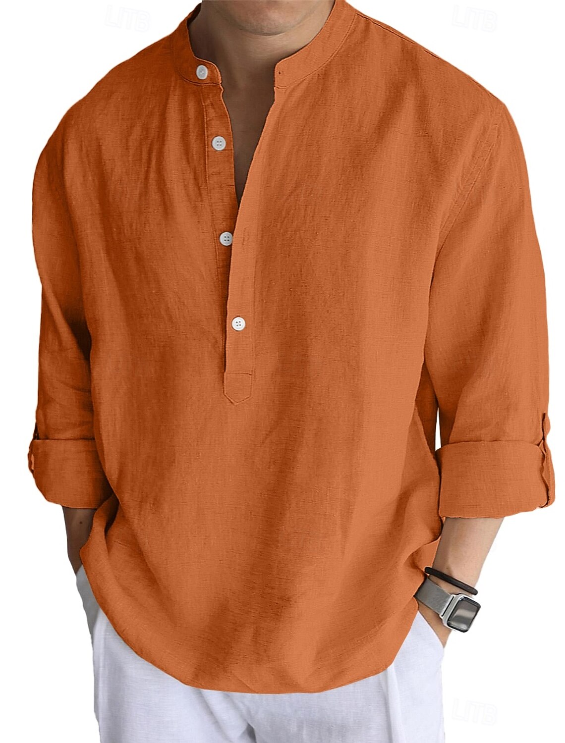 Men's Linen Shirt Popover Casual Beach Band Collar Plain Vacation