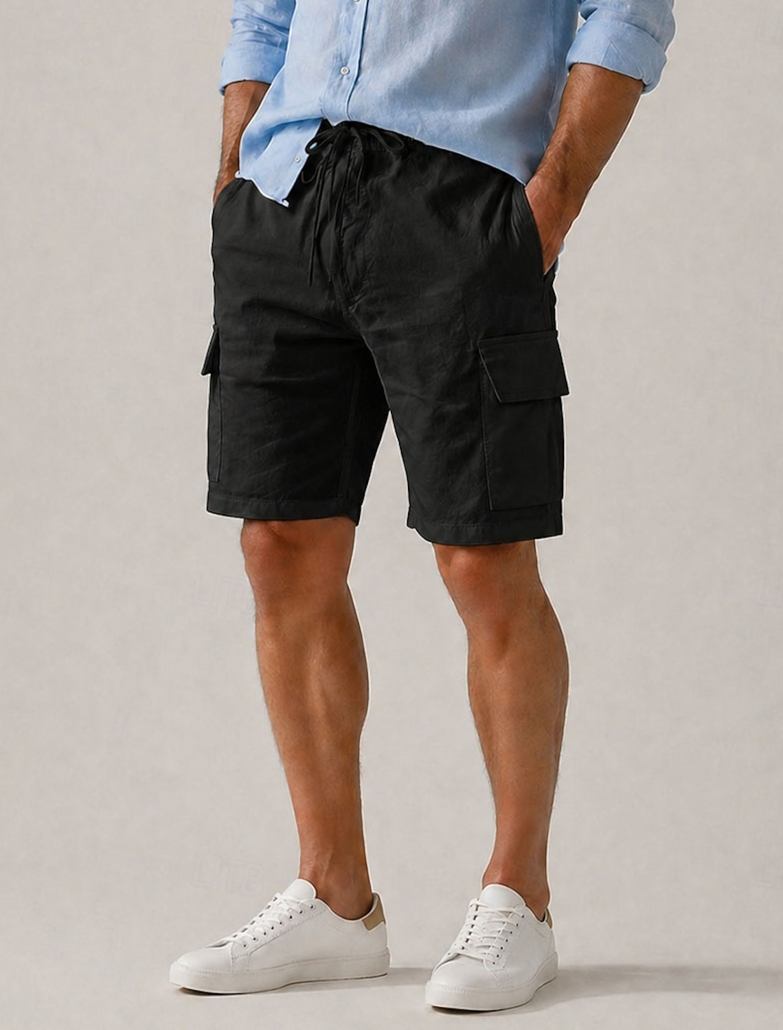 Men's Linen Cargo Shorts – Knee-Length, Drawstring Elastic Waist, Multi-Pocket, Comfortable & Breathable, Casual, Outdoor & Beach Vacation, Black & White