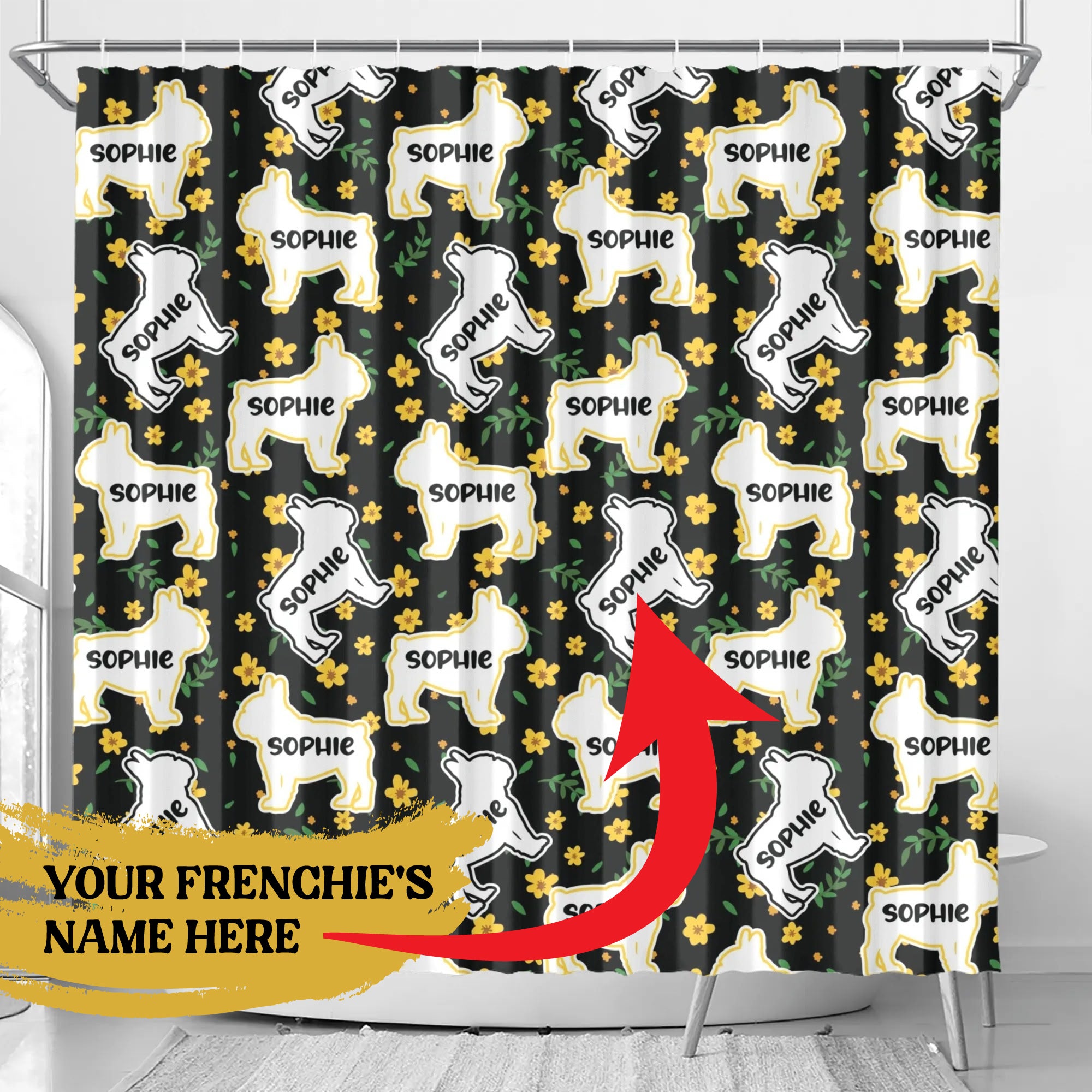 Personalized - Non-slip Shower Curtain With Frenchie’s Name Summer Wear