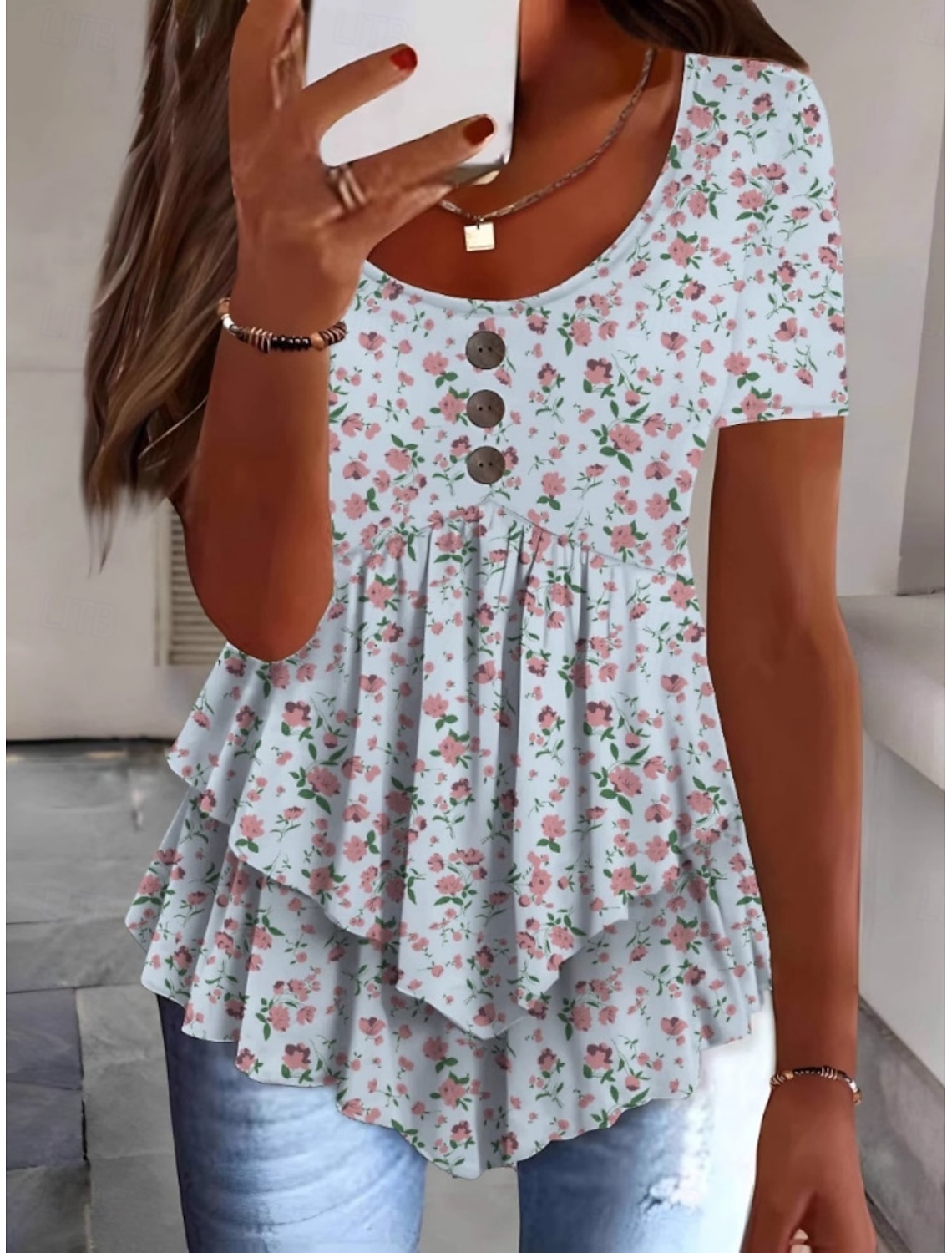Women's Blouse Peplum Floral Stylish Casual Short Sleeve Crew Neck Regular Tops Daily Ruffle Buttons Print White Pink Red Navy Blue Blue Summer Spring