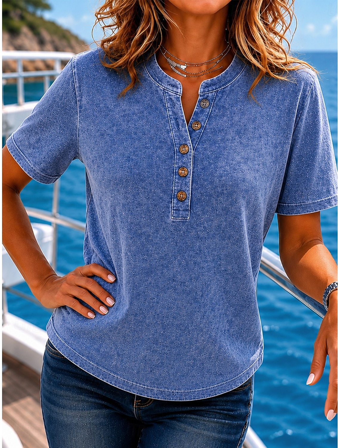 Women's Henley Shirt Acid Wash Vintage Washed Graphic Flag Plain Vintage Fashion Stylish Short Sleeve Round Neck Regular Tops Casual Beach Blue Summer Spring