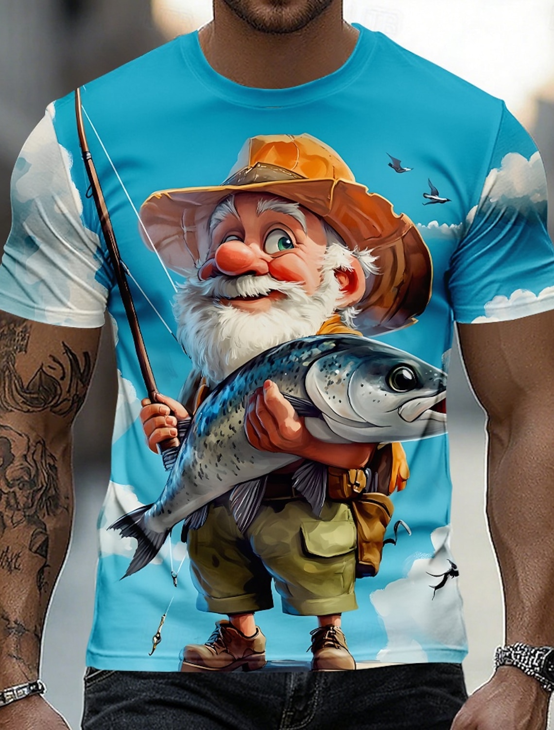 Men's Old Man Fishing T Shirt Short Sleeve T shirt 3D Print Crew Neck Shirt Exaggerated Designer Daily Club Party Blue Light Blue Summer Spring All Seasons Clothing Apparel S M L XL XXL XXXL