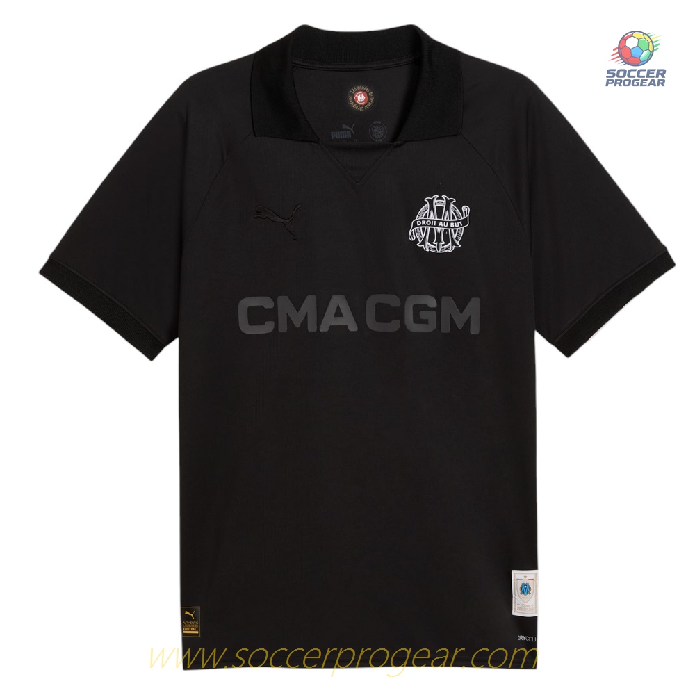 OM Fan Edition 125th Anniversary Black Kids Edition Jersey Set Soccer Jersey