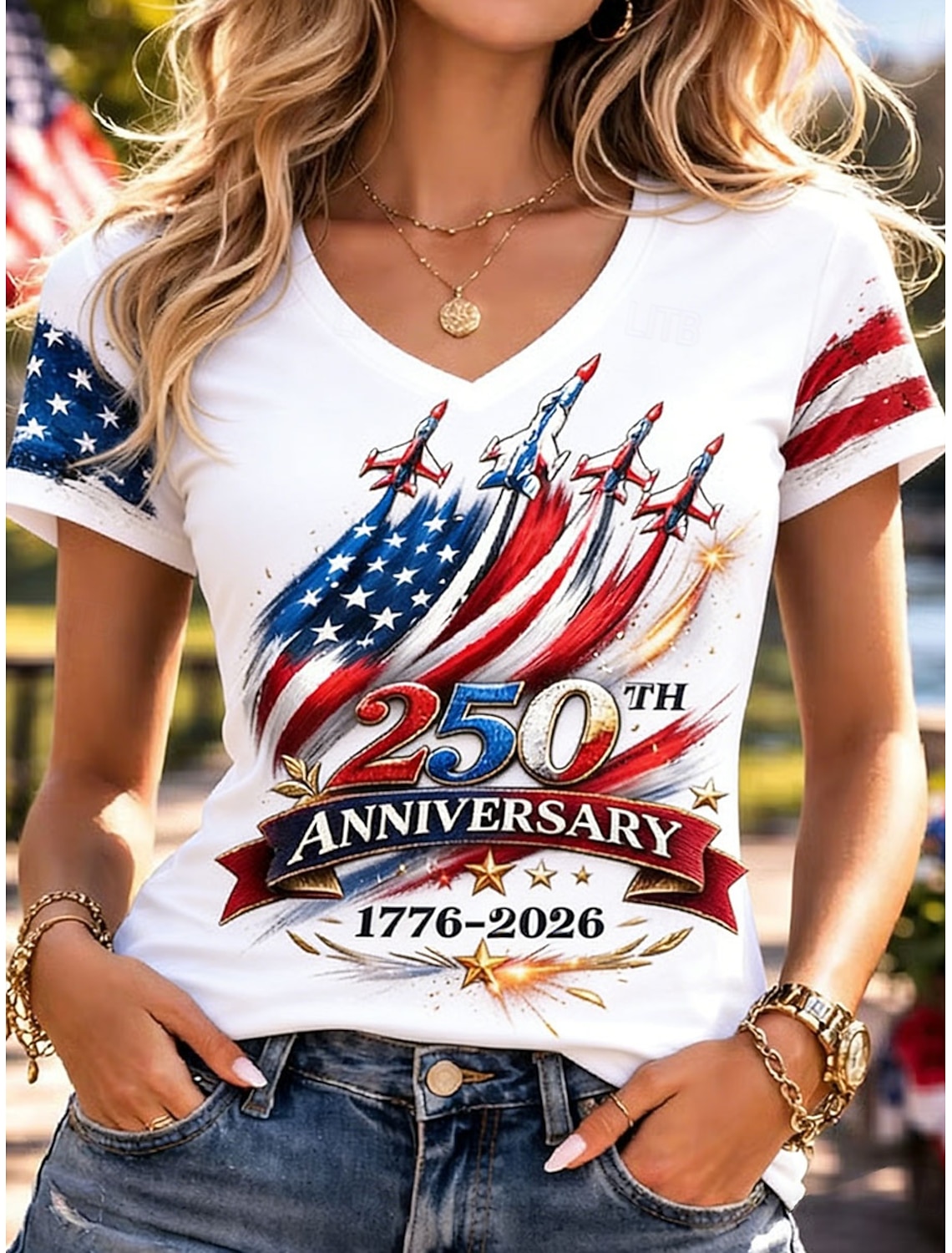 American Independence Day Women's T Shirt Print Graphic Flag Vintage Stylish Classic Short Sleeve V Neck Regular Tops Daily Blue White Red Summer Spring