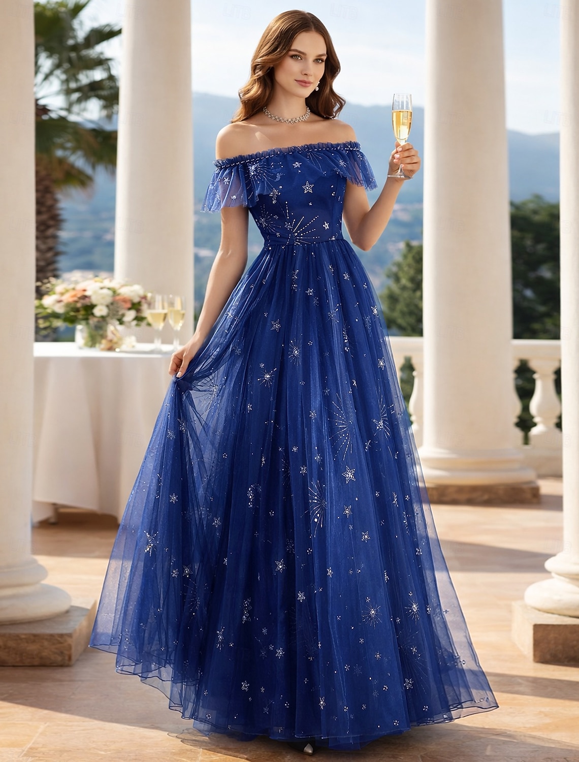A-Line Floor Length Prom Dresses Elegant Sparkle & Shine Tiered Plisse Short Sleeve Off Shoulder Wedding Guest Party Wear Tulle with Embroidery Tiered