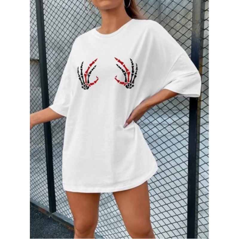 Halloween Skeleton Hand Print Drop Shoulder T Shirt LU1974