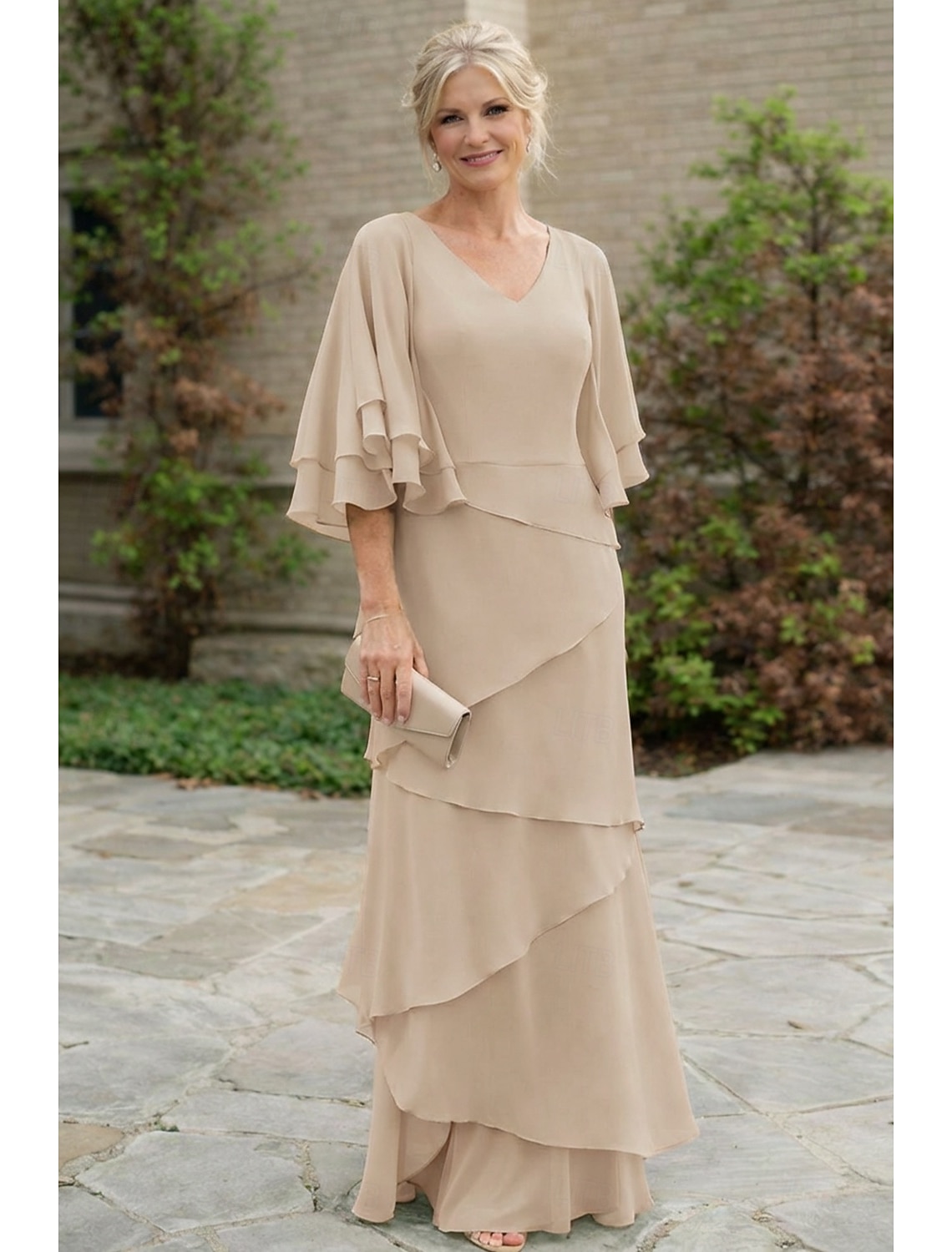 Two Piece A-Line Floor Length Wedding Guest Dress Formal Dresses Tiered Dress Mother of the Bride Dress Half Sleeve V Neck Elegant Wrap Included Wedding Guest Engagement Party Chiffon Wrap Included