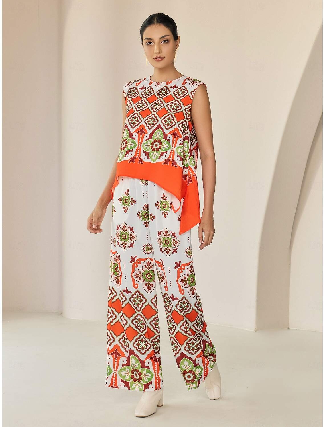 Satin Boho Double Slit Crew Neck Sleeveless Tank Top