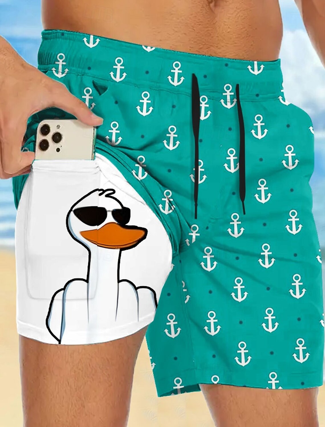 Men's Funny Duck Slang Lined Shorts 2 in 1 Board Swim Mid Waist