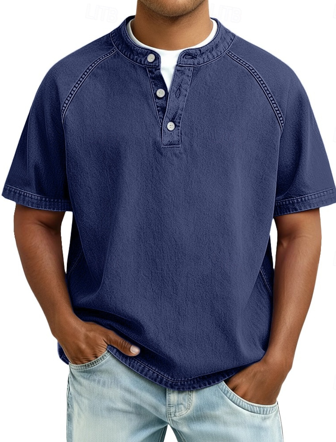 Men's T Shirt Henley 100% Cotton Acid Wash Tee Top Short Sleeve Plain