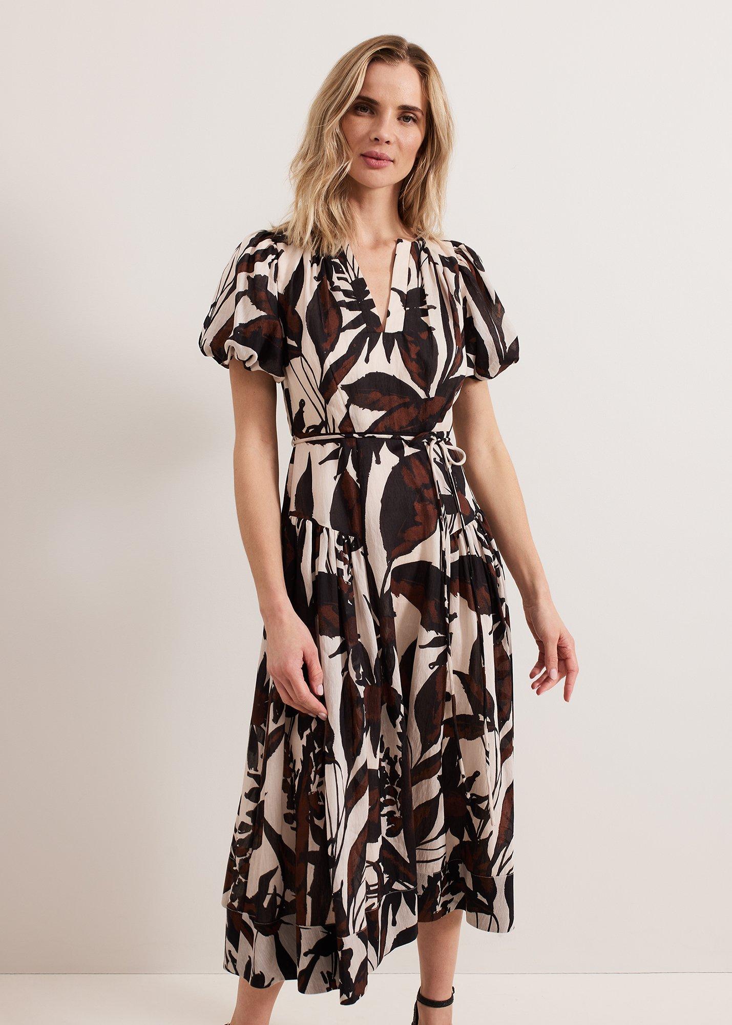 Zarah Printed Puff Sleeve V Neck Midi Dress