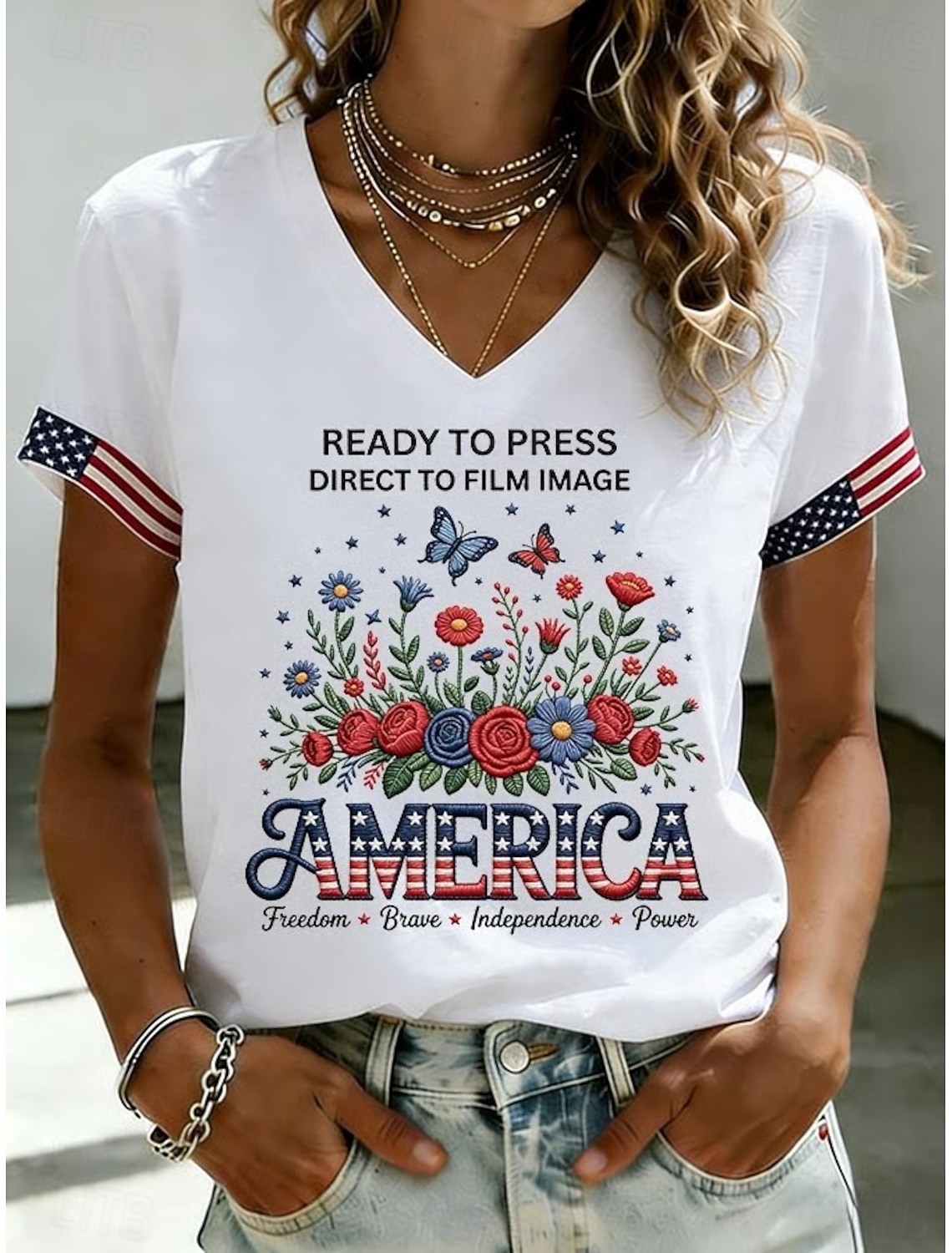 American Independence Day Women's T Shirt Print Graphic American Flag Vintage Stylish Classic Short Sleeve V Neck Regular Tops Casual Daily White-Blue White Red White Summer Spring Fall Winter