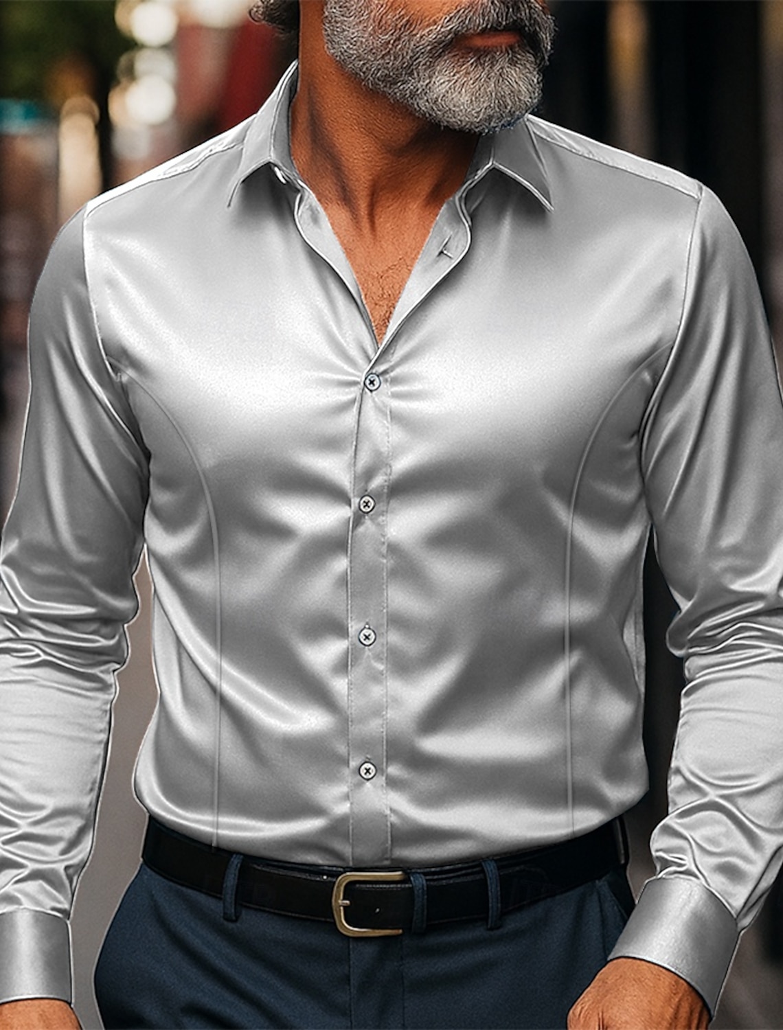 Men's Shirt Silk Like Satin Dress Casual Button Up Plain Formal