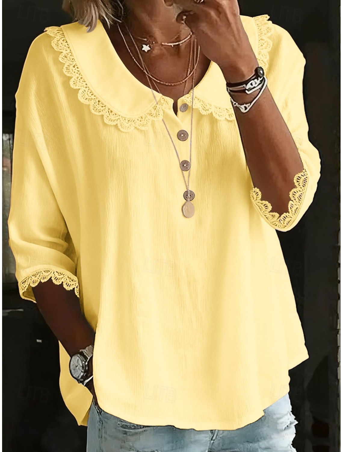 Women's Popover Shirt Summer Shirt Casual Shirt Blouse Lace Trim Solid Color Vacation Stylish Casual 3/4 Length Sleeve Turndown Regular Tops Daily Outdoor Holiday Blue White Yellow Pink Summer Spring