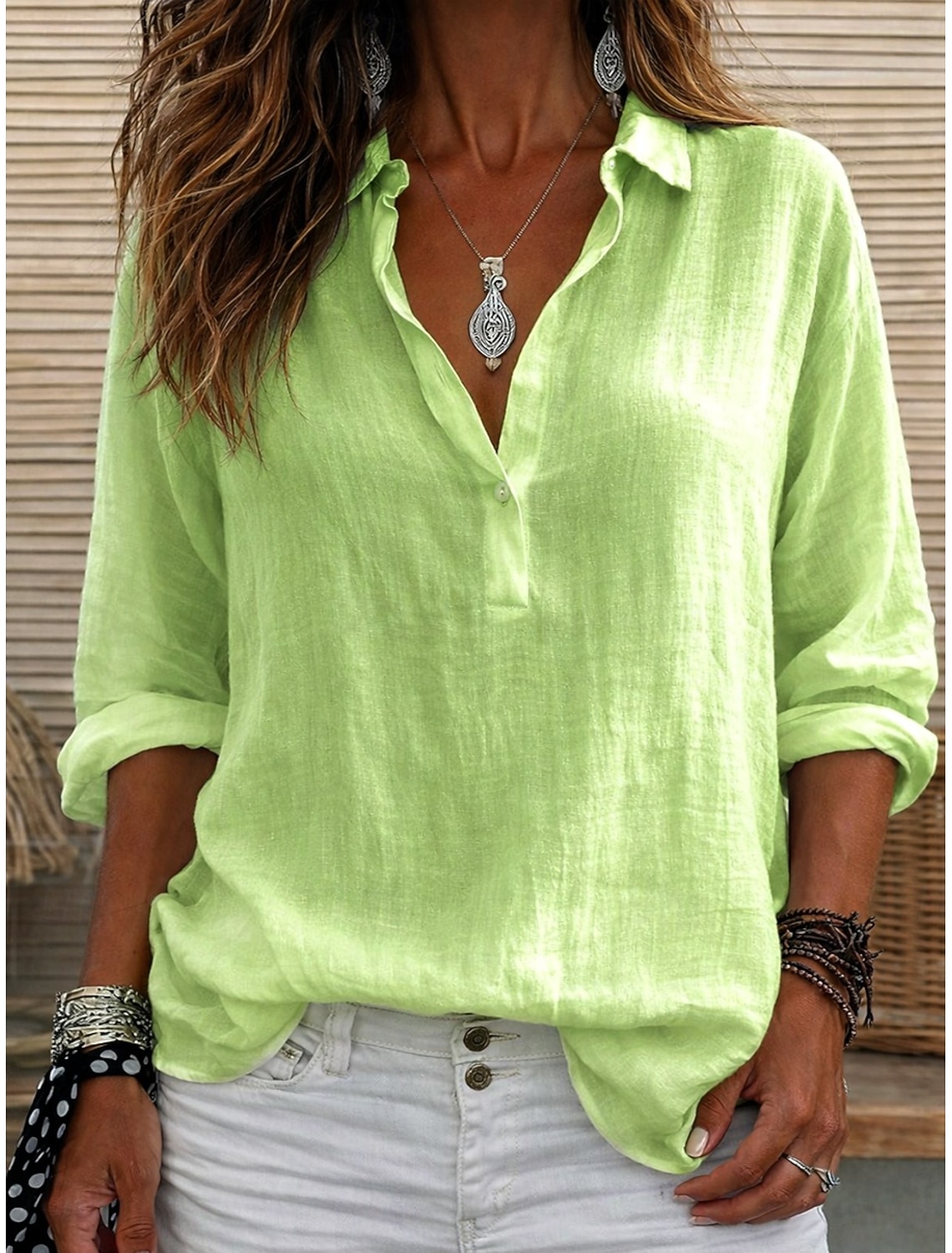Women's Linen-feel Shirts Blouse Faux Linen Shirt Buttons Solid Color Stylish Casual 3/4 Length Sleeve V Neck Regular Tops Daily White Light Green Pink Purple Summer Spring Fall