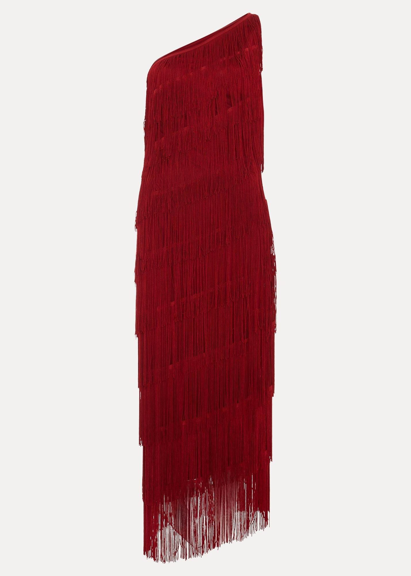 Otto Red One Shoulder Fringe Maxi Dress