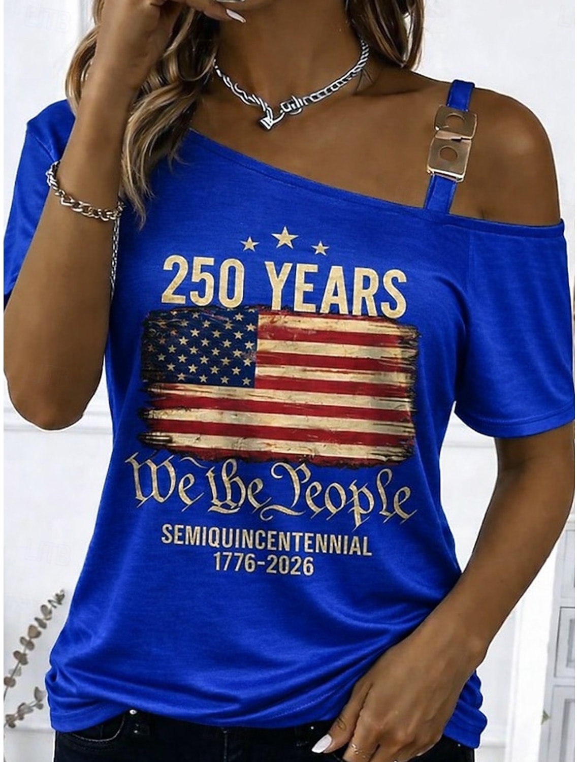 Independence Day American Anniversary Patriotic Women's T Shirt Print Asymmetrical Graphic Flag American Flag Vintage Fashion Stylish Short Sleeve One Shoulder Regular Tops Daily