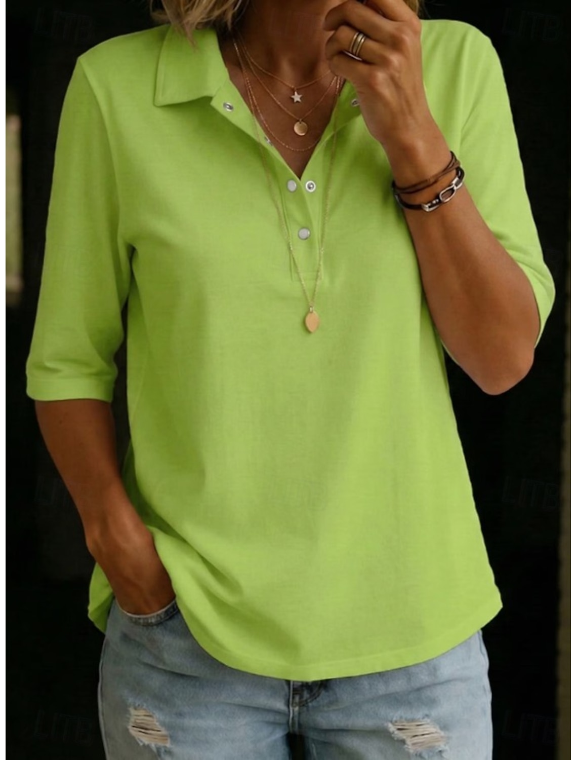 Women's Blouse Buttons Solid Color Elegant Vacation Daily Half Sleeve Turndown Shirt Collar Long Tops Casual Daily Going out White Yellow Sky Blue Green Summer Spring