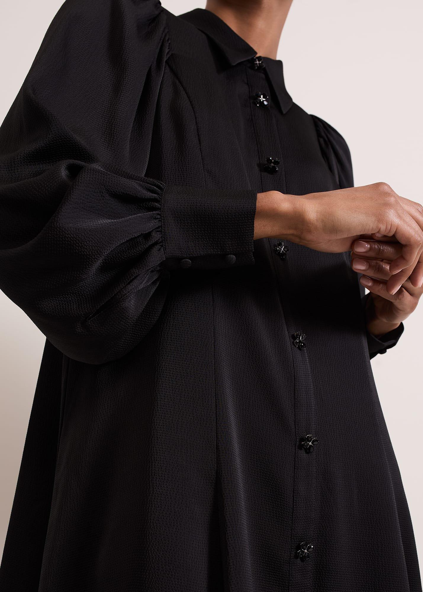 Tila Black Satin Embellished Shirt Dress
