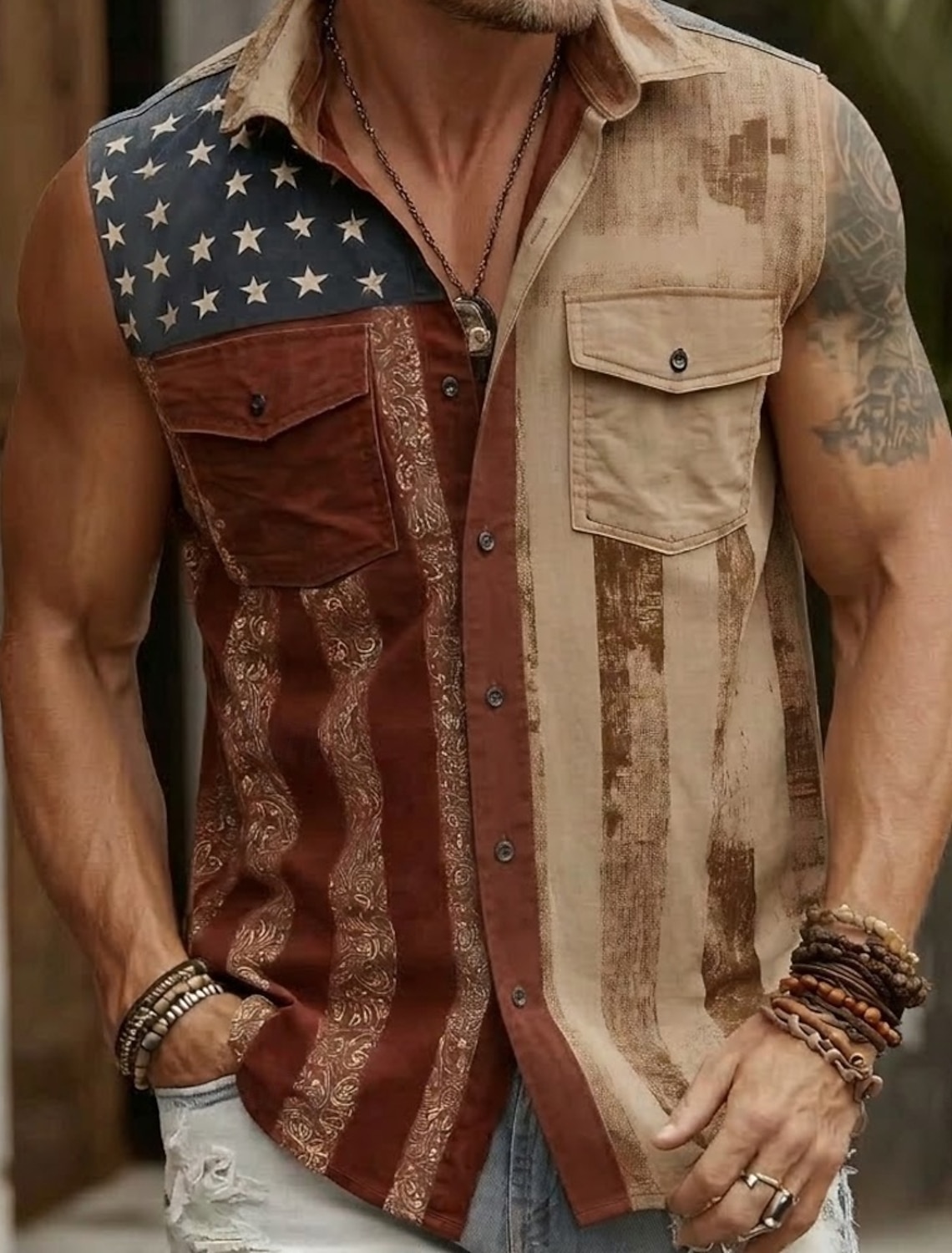 Men's 4th of July U.S. 250th Anniversary US Flag Shirt Button Up Shirt Sleeveless Shirt Sleeveless Patriotic Holiday Summer Spring Turndown Front Two Pockets White Khaki