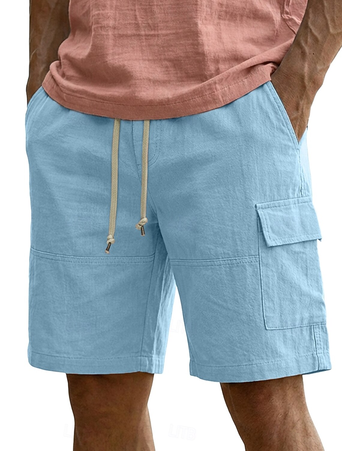 Men's Cargo Shorts Linen Summer Beach Drawstring Elastic Waist