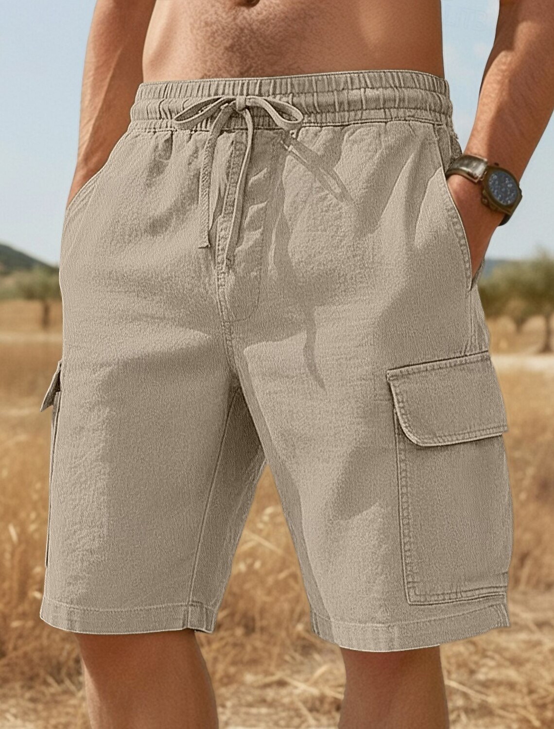Men's Cargo Shorts Linen Summer Beach Drawstring Elastic Waist Mult #2