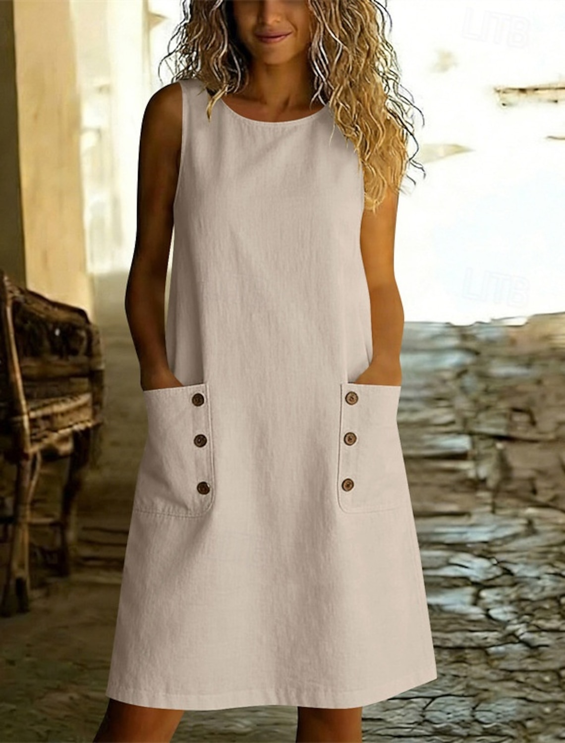 Women's Knee Length Dress 100% Cotton Vintage Vacation Loose Fit Plain Sleeveless Crew Neck dark brown Black Dark Red Navy Blue Spring