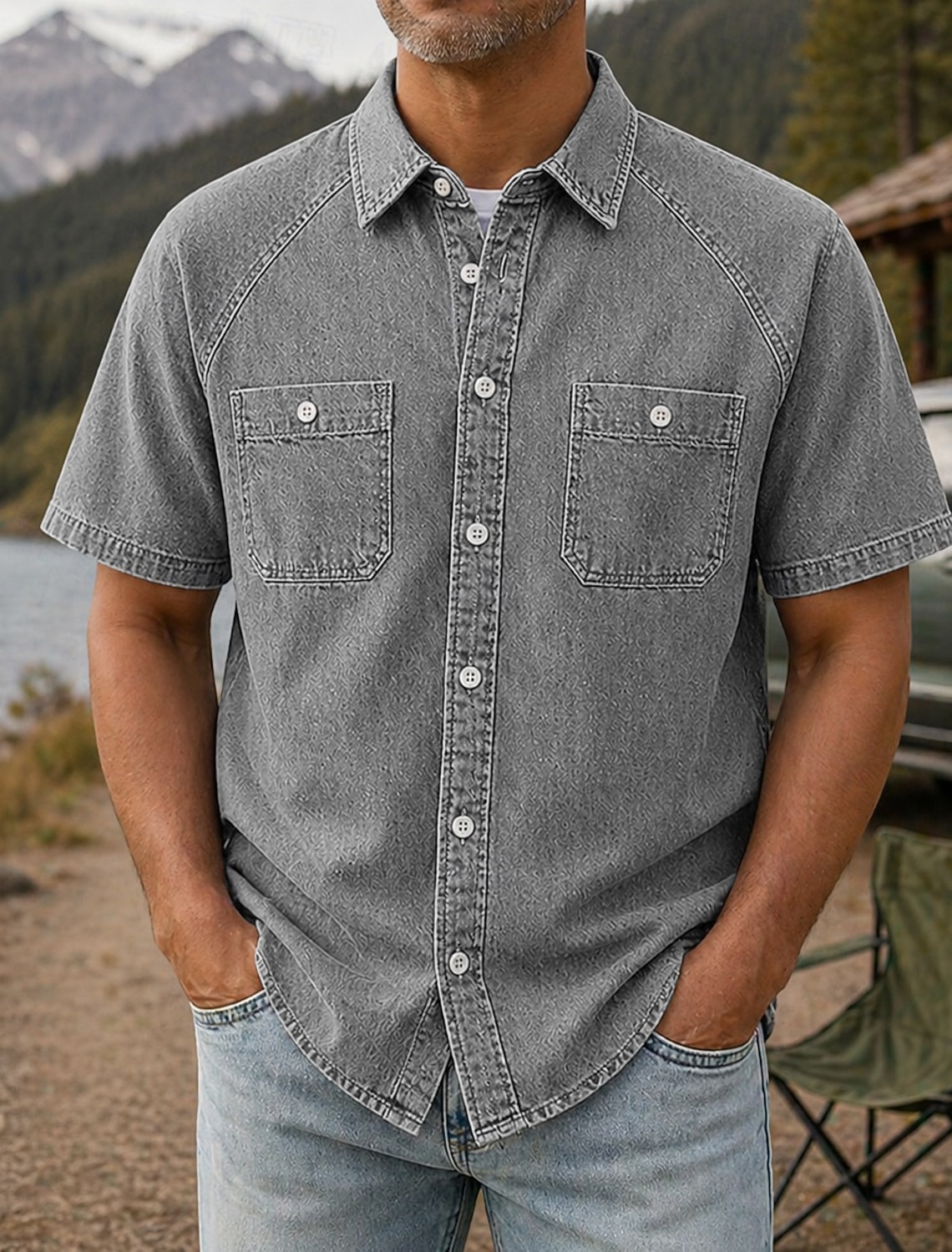 Men's Shirt Casual Shirt Work Shirt Garment Dyed Acid Wash Shirt Black Light Green Purple khaki Military Green Short Sleeve Plain Shirt Collar Casual Daily Front Pocket Clothing Apparel Cotton