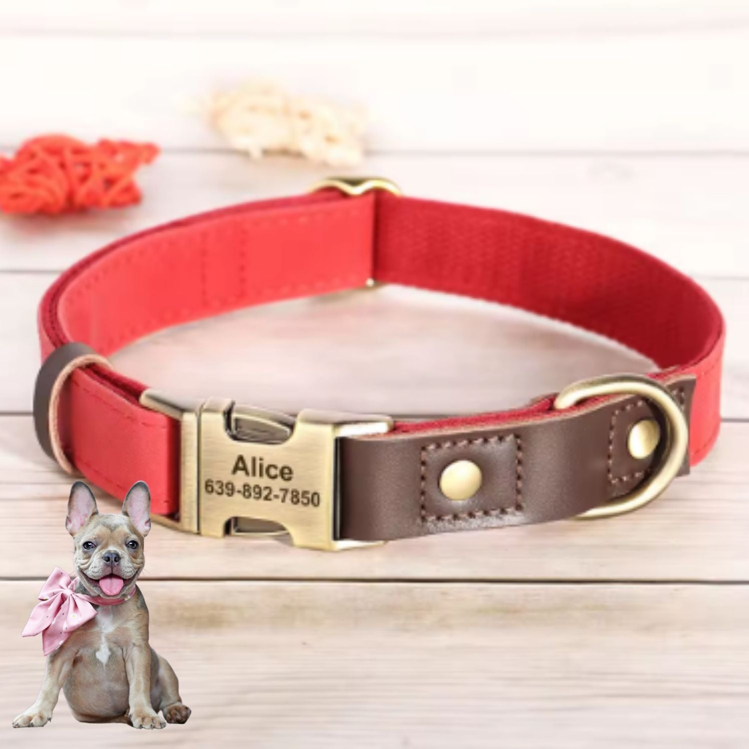 French Bulldog Leather Collar with Leash – Personalized Strong Adjustable