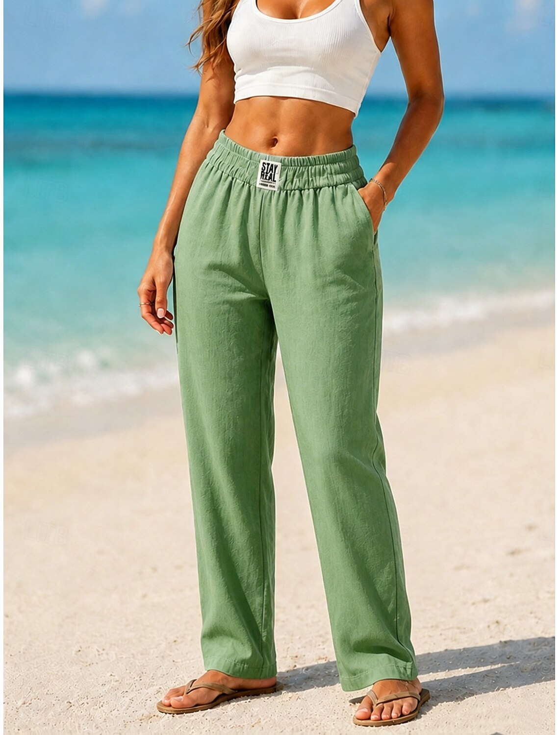 Women's Cotton Linen Pants Trousers Casual Pants Summer Pants Vacation Fashion Streetwear Full Length High Waist Plain Pocket Elastic Waist Breathability Comfortable Inelastic Daily Vacation Street