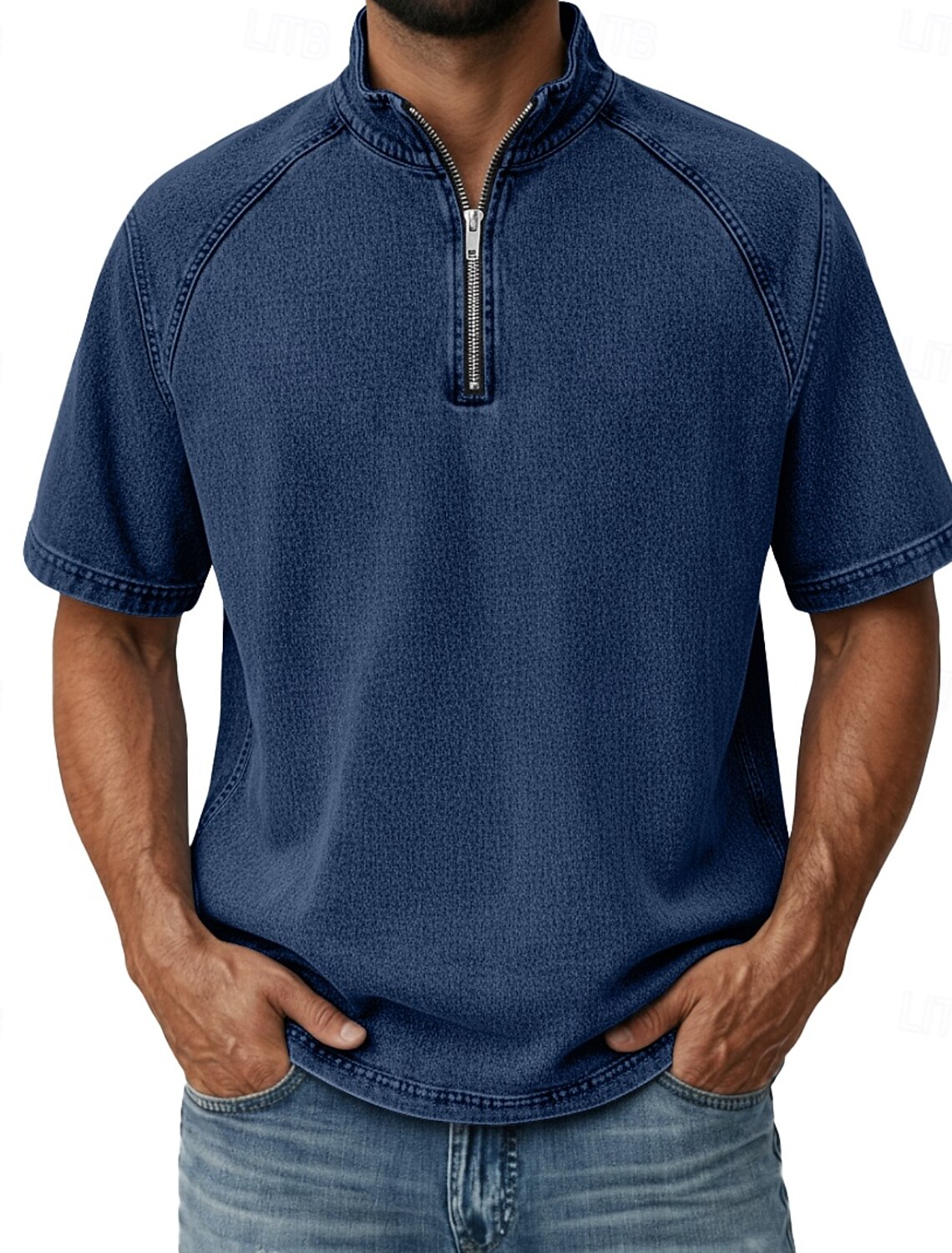 Men's Denim Shirt 100% Cotton Acid Wash Tee Top Short Sleeve Stand