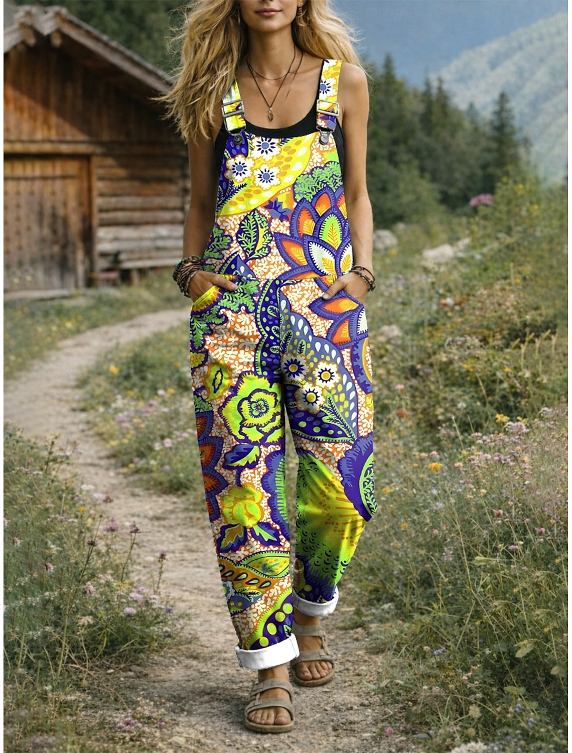 Women's Dungarees Active Floral Sleeveless Straight with Pocket Daily Vacation Loose Fit Blue Yellow Red Summer
