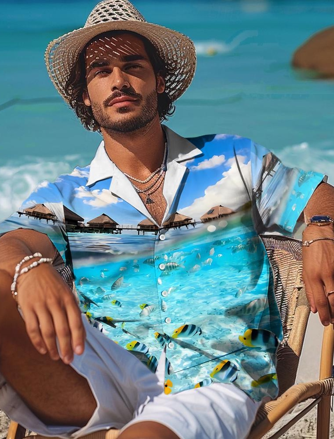 Men's Seascape Pattern Shirt Summer Hawaiian Shirt Aloha Shirt Short Sleeve Shirt Turndown Hawaiian Resort Casual Hawaiian Holiday Violet Orange Dark Blue S M L