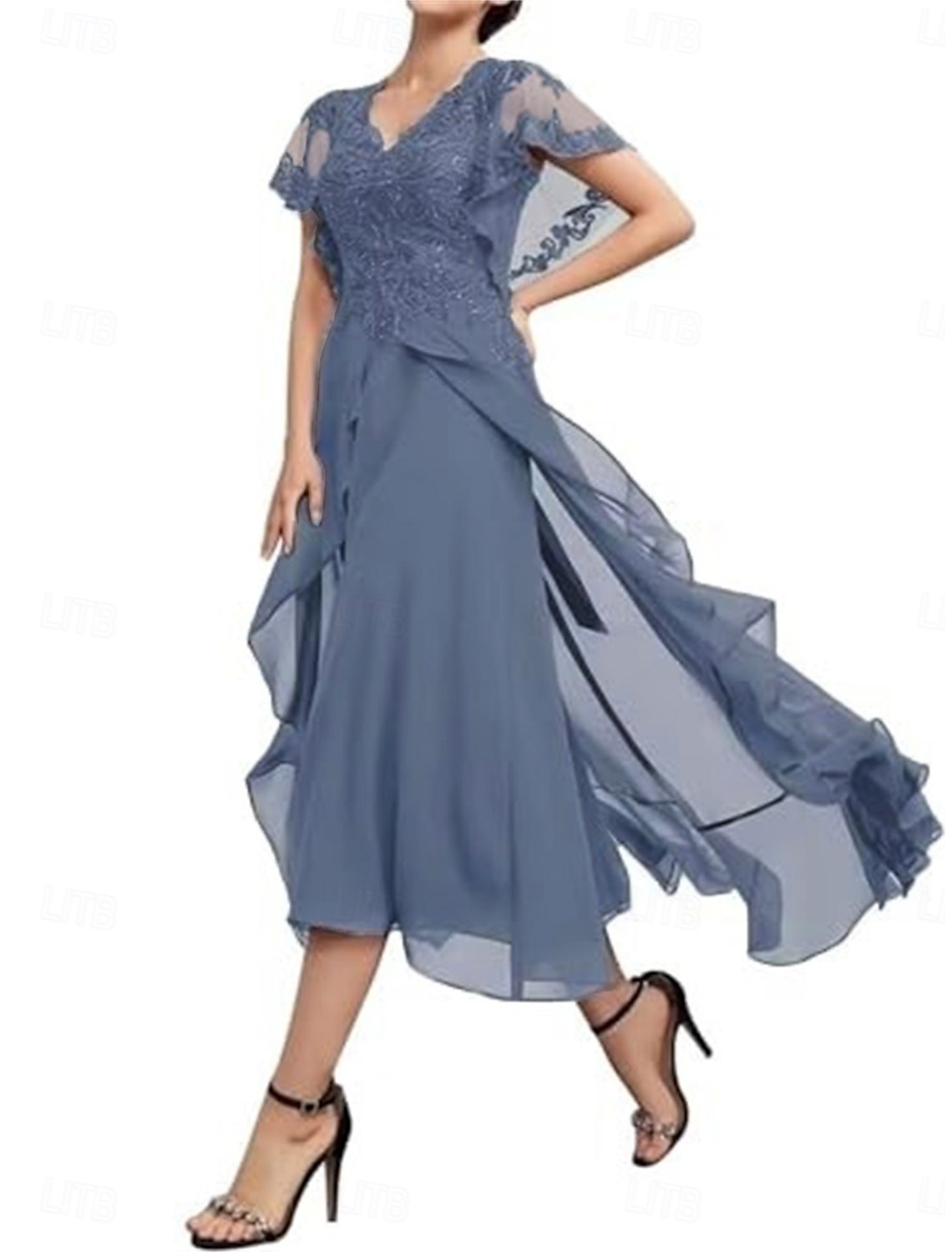 A-Line Tea Length Party Dress Cocktail Dress Wedding Guest Dress Mother of the Bride Dress Short Sleeve V Neck Elegant Formal Wedding Guest Formal Evening Chiffon with Solid Color
